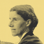 Retrato estilizado de Charlotte Perkins Gilman, escritora y activista estadounidense, conocida por su relato «El papel pintado amarillo» y su defensa de los derechos de las mujeres.